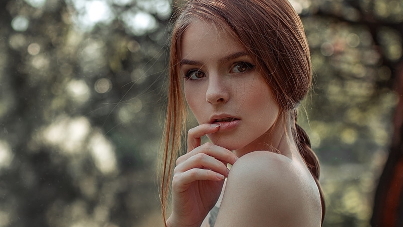 braids, brown eyes, portrait, women outdoors, bokeh, tattoo, face, 1080P, women, long hair, finger on lips, Yuriy Lyamin, Vasilisa Sarovskaya, brunette