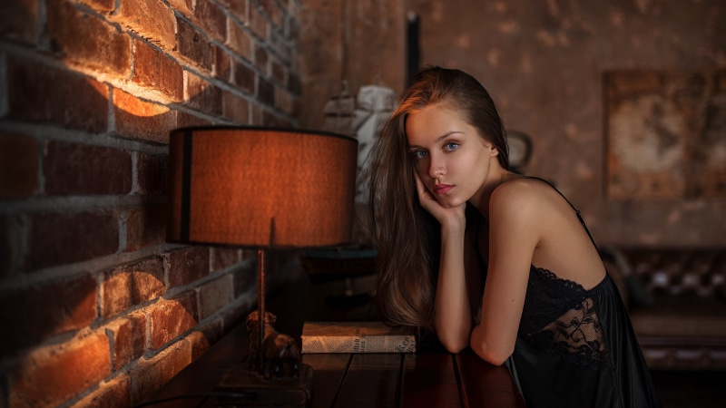bare shoulders, Yuriy Lyamin, brunette, women, model, blue eyes, 2K, women indoors, portrait, black clothing, face, looking at viewer