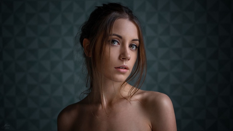women, looking at viewer, brunette, portrait, shoulder length hair, hairbun, brown eyes, Ksenia Kokoreva, eyeliner, make up, Yuriy Lyamin, 720P