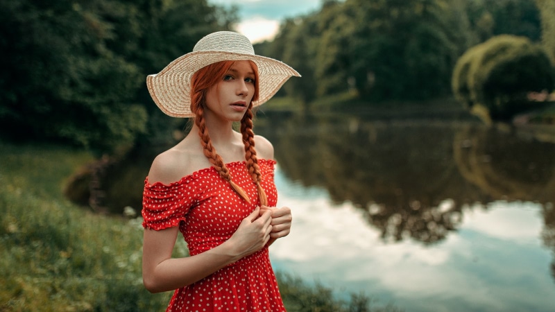 women outdoors, portrait, polka dots, blue eyes, face, braids, bare shoulders, Yuriy Lyamin, women, hat, 720P, dress, redhead