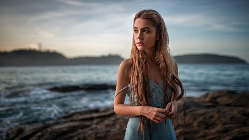 bokeh, dress, tanned, brown eyes, portrait, women outdoors, looking away, no bra, long hair, women, brunette, 720P, standing, Yuriy Lyamin, face, Ksenia