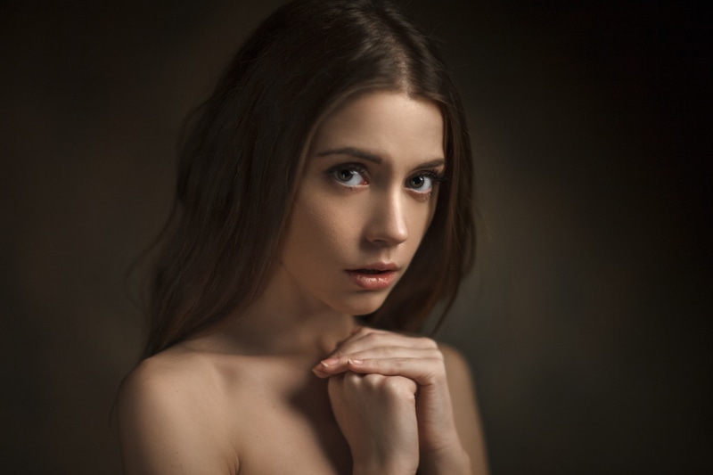 portrait, young adult, front view, beauty, Ksenia Kokoreva, indoors, dark, brown hair, headshot, contemplation, studio shot, 1080P, beautiful people, long hair