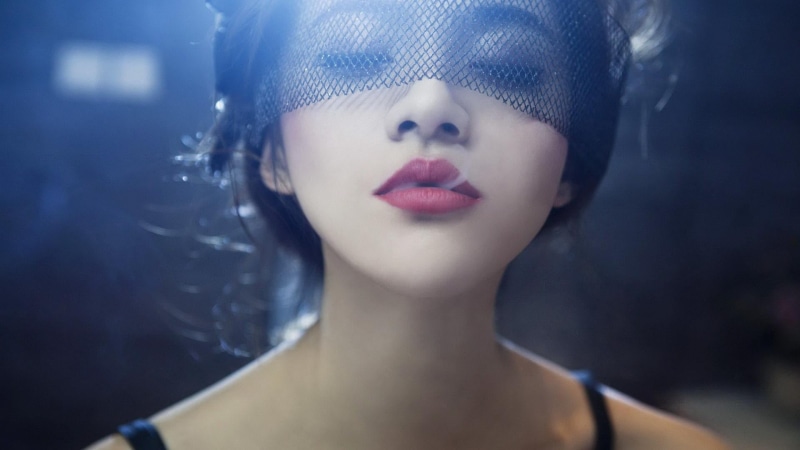 young adult, make-up, black, s, veil, one person, body part, beauty, close-up, closed eyes, human face, smoke, beautiful people, human lips, blurred, beautiful woman