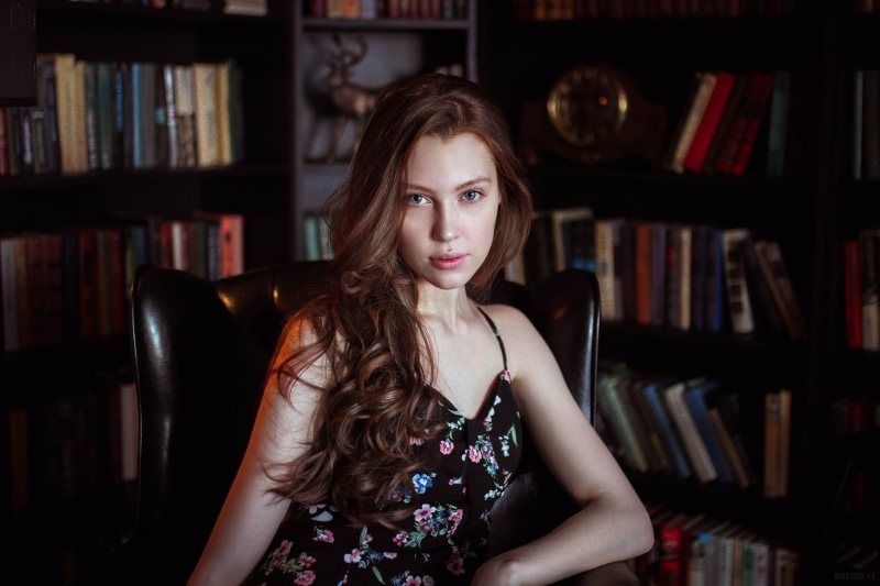 shelf, s, bokeh, student, books, face, looking, dress, beautiful woman, book, one Person, hair, looking at camera, floral, education, blue eyes, publication