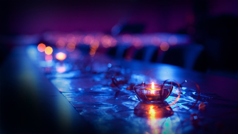 blue, illuminated, candles, lighting Equipment, table, mug, night, electric Lamp, depth of field, indoors, nature, reflection, drink, bokeh, dark, nightlife