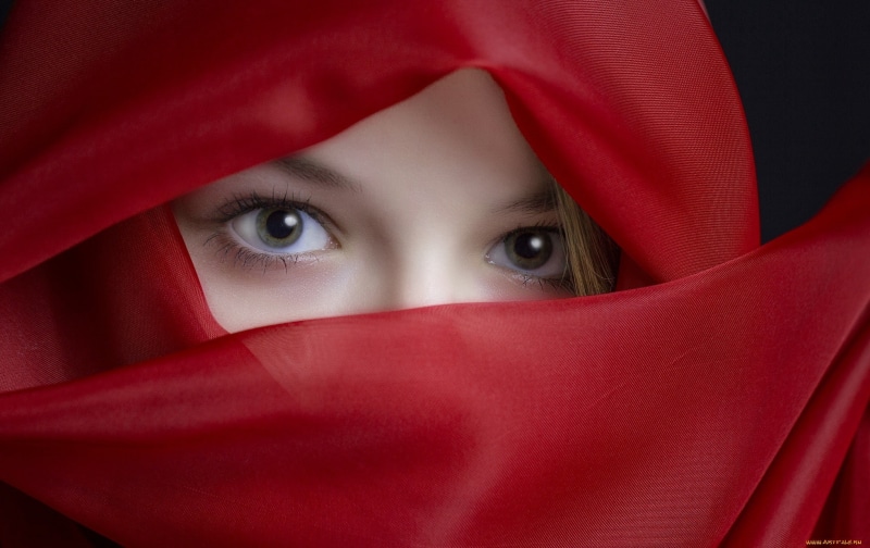 obscured face, textile, veils, eyebrow, eyes, headshot, scarf, red, eye, face, one person, human face, portrait, model, looking at camera, peeking, close-up