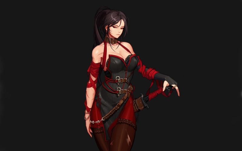 one person, indoors, studio shot, anime, clothing, black background, fashion, lifestyles, leisure activity, red, collar, young women, 1080P, young adult