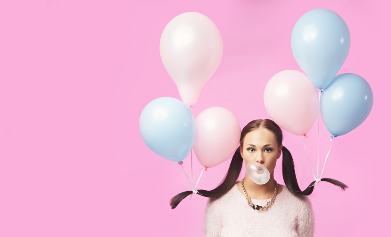 model, women, white sweater, pigtails, brunette, balloon, bubble gum, 1080P