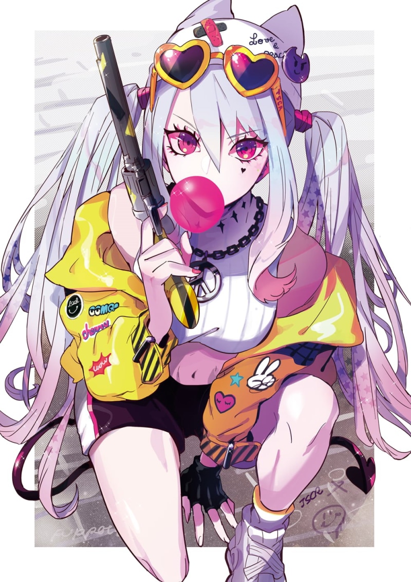 bubble gum, gun, weapon, jacket, blue hair, digital art, portrait display, 720P, animal ears, vertical, anime, ponytail, long hair, artwork, anime girls