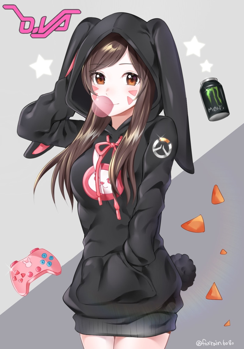 D.Va (Overwatch), anime girls, bubble gum, Overwatch, long hair, 1080P, brown eyes, brunette, anime