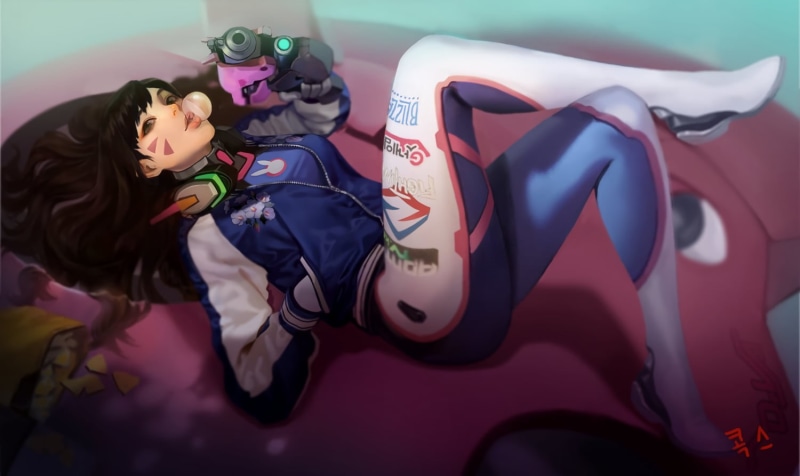 Blizzard Entertainment, digital art, Overwatch, gun, weapon, lying down, video game characters, long hair, video games, women, artwork, logo, chips, 720P