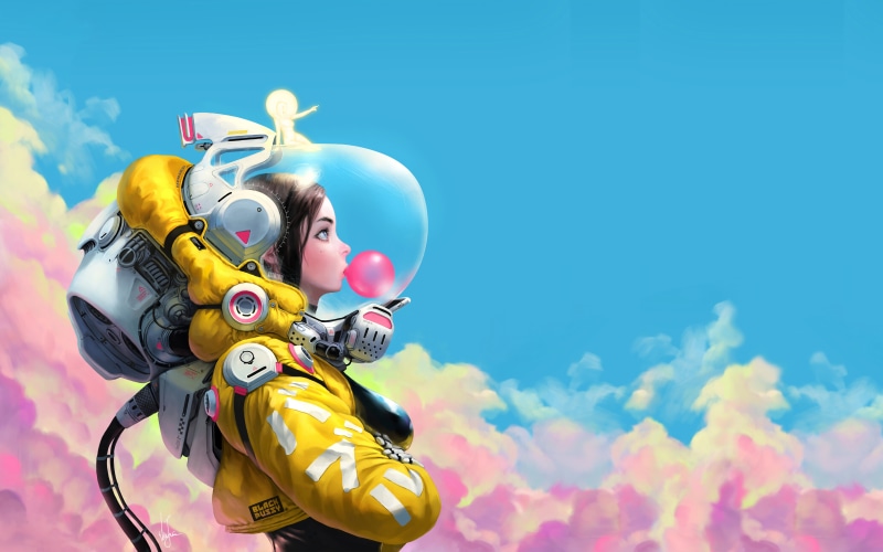 clouds, bubble gum, spacesuit, astronaut, sky, 8K, digital