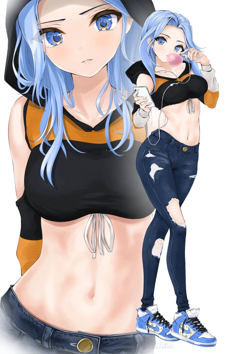 Anime Girls Bare Midriff Earphones Chaesu Smartphone Bubble Gum 1080p Blue Hair Anime 2440