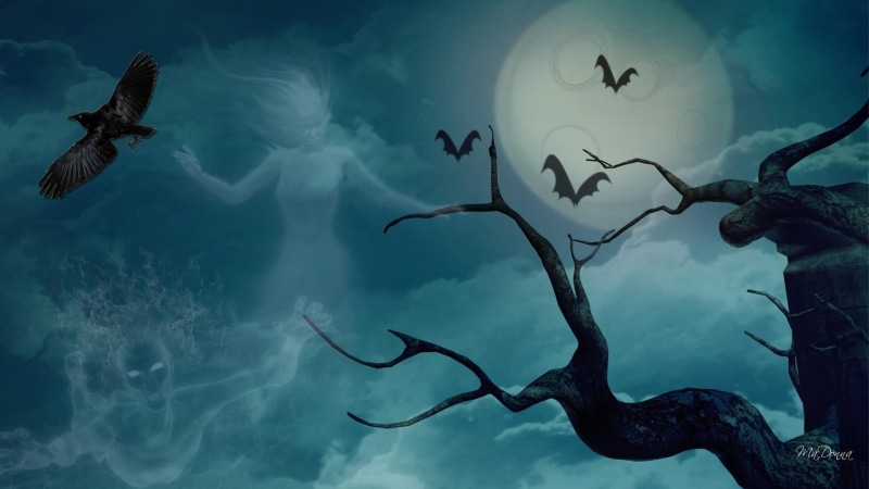 night, moon, puzzling, 1080P, halloween, ghastly, uncanny, terrifying, horrifying, bats, painting, sky, flying, full, raven, tree, ghoulish, leafless