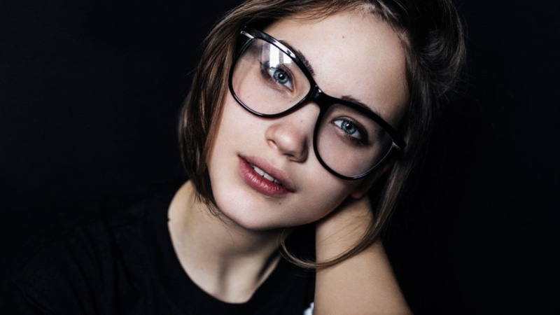 open mouth, women with glasses, model, blue eyes, face, brunette, women, glasses, fake glasses, 720P, looking at viewer
