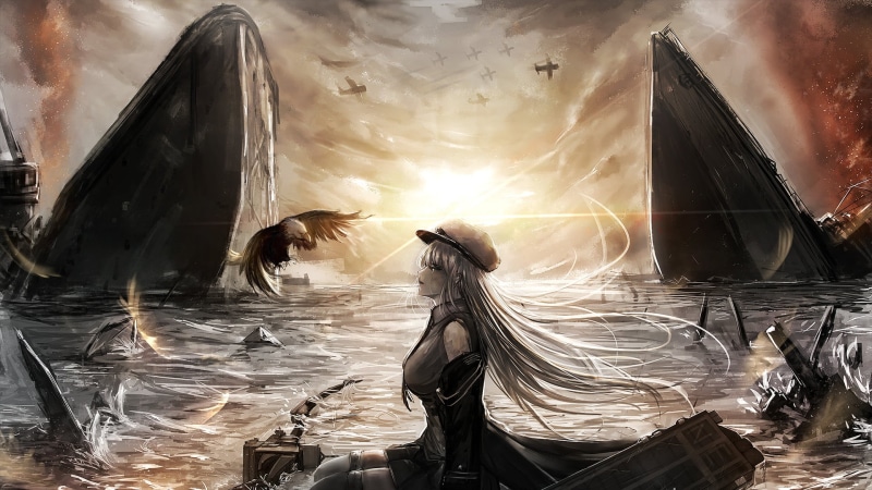 1080P, White Hair, Sunset, Warplane, Enterprise (Azur Lane), Anime, Bird, Azur Lane, Ship, Long Hair