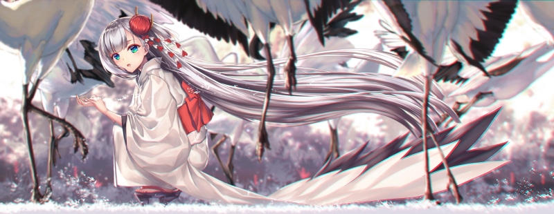 human representation, winter, 4K, kimono, focus on foreground, shoukaku, decoration, nature, blue eyes, art and craft, selective focus, snow, creativity