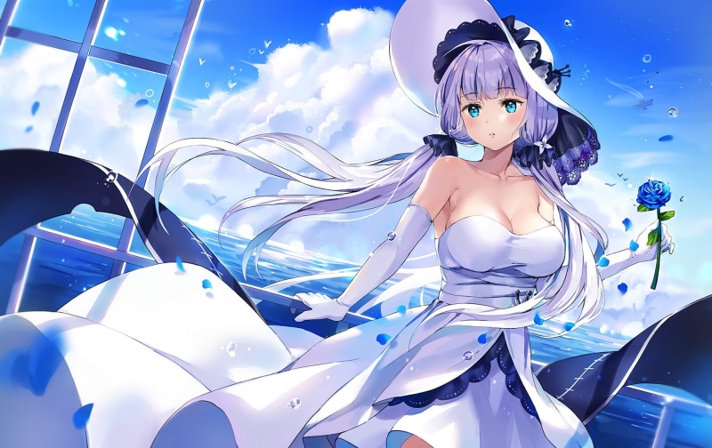 one person, digital composite, dress, cloud - sky, Illustrious (Azur Lane), portrait, blue, 1080P, beauty, hairstyle, art and craft, beautiful woman, clothing