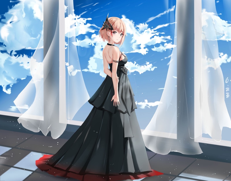 blonde, Qing Wu, 1080P, Roon (Azur Lane), anime, anime girls, Azur Lane, wedding dress, black dress, short hair