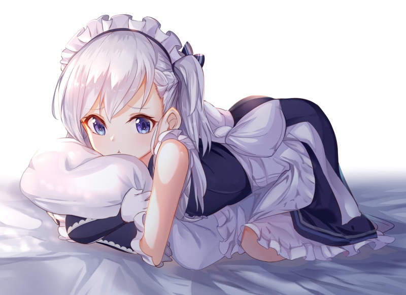 bow, blush, blue eyes, Belfast (Azur Lane), braids, maid, white hair, 5K, bed, long hair, loli