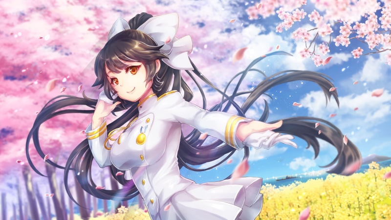 military, lane, skirt, cherry, sky, clouds, uniform, orange, blossoms, 258374, ponytail, hair, (artist), tree, gloves, anthropomorphism, tagme, eyes, long