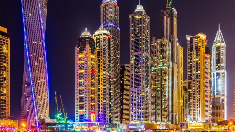 colorful, lighted, lights, skyscrapers, brilliant, city, buildings, scenery, urban, urban scenery, night, dubai, 1080P