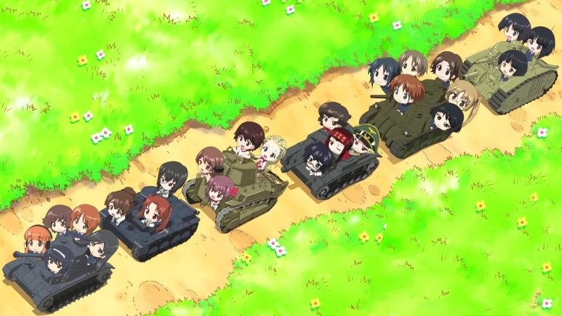 Girls und Panzer, group of people, lifestyles, Akiyama Yukari, Reizei Mako, high angle view, grass, Caesar (Girls und Panzer), Takebe Saori, multi colored