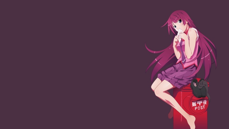 hairstyle, anime girls, barefoot, standing, real people, clothing, Monogatari Series, hand, school uniform, three quarter length, long hair, indoors, purple hair