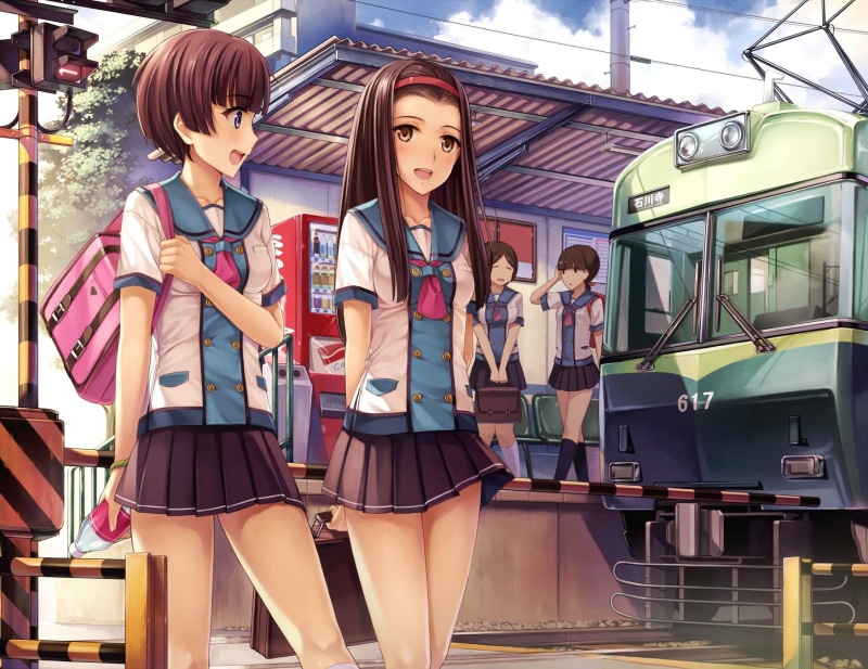 school, anime, school uniform, 720P, train, uniform, railway crossing, anime girls, girls, railway, 1750x1350, crossing