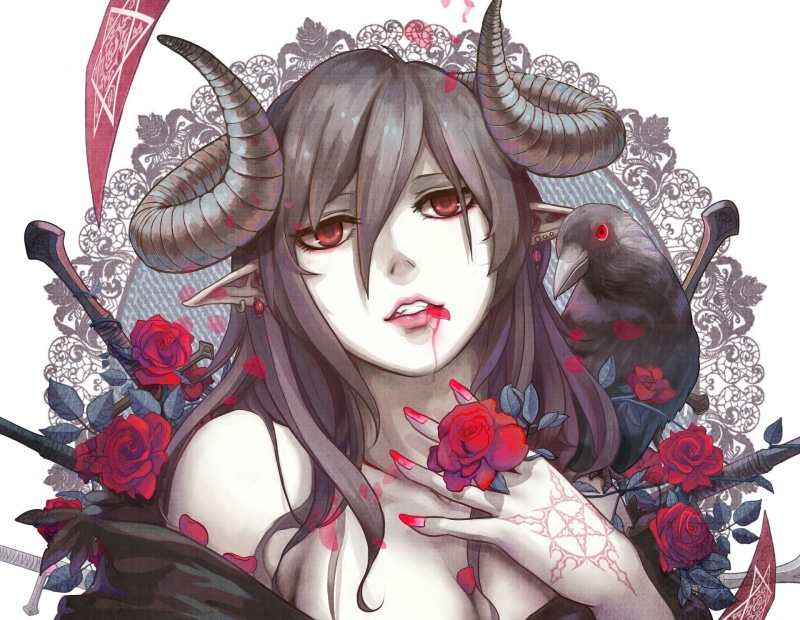 real people, day, creativity, succubus, raven, one person, female likeness, horns, close-up, mask, indoors, front view, portrait, anime girls, rose, headwear