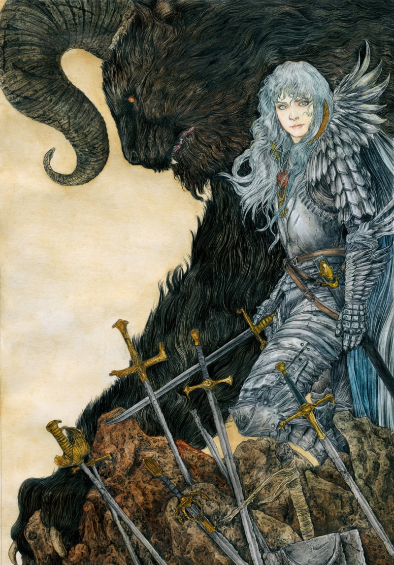 anime, armor, white hair, 720P, creature, Behelit, demon, dragonslayer, Griffith, demon horns, Zodd, horns, blue eyes, manga, artwork, Berserk, sword