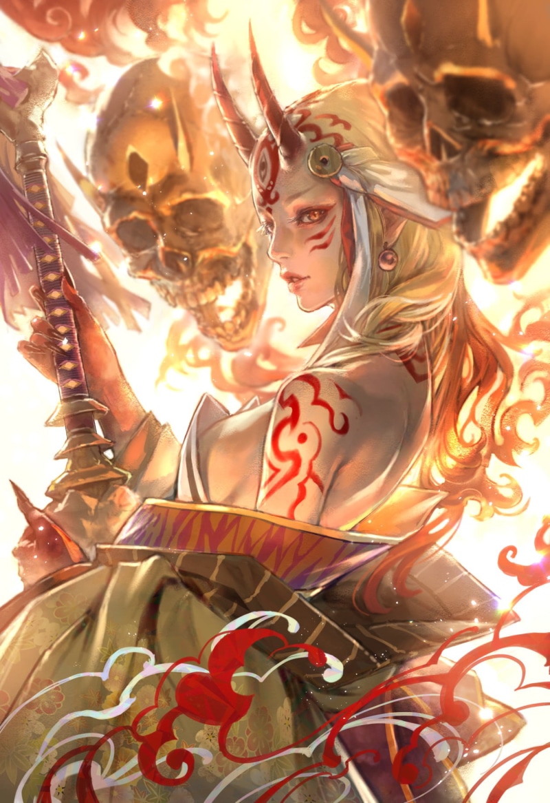 bare shoulders, painting, Fate Series, digital art, artwork, Kaburagi Yasutaka, skull, fan art, Fate/Grand Order, fantasy art, women, illustration, demon girls