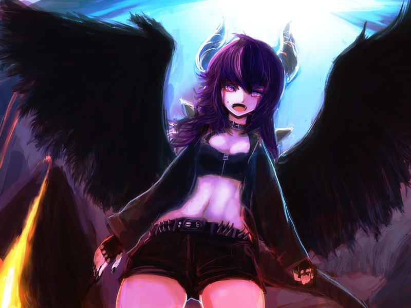 anime girls, open mouth, horns, angle, demon, 1080P, wings