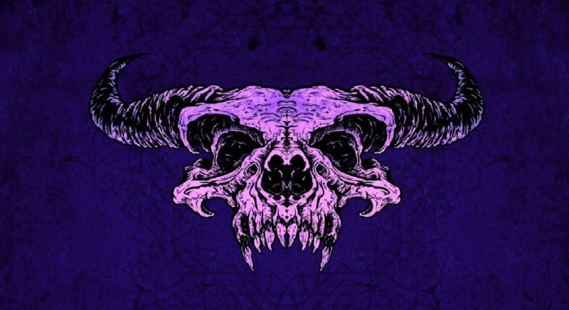 720P, demon horns, purple background, skull