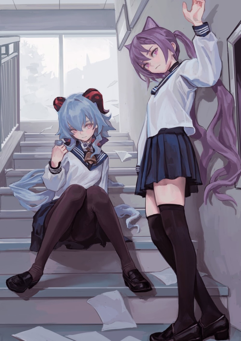 Genshin Impact, 720P, Ganyu (Genshin Impact), keqing (genshin impact), school uniform, anime girls