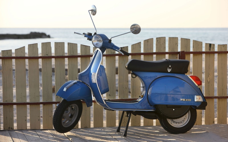 water, horizon, parking, day, horizon over water, blue, Scooters, travel, stationary, sky, transportation, railing, no people, Motorcycles, nature, scooter