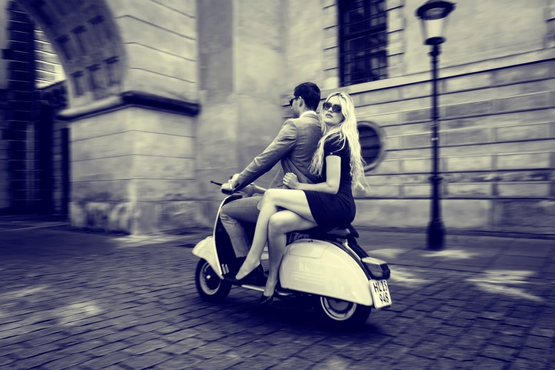 adult, grayscale, city Life, architecture, heterosexual Couple, scooter, retro Styled, street, transportation, fashion, europe, males, outdoors, two People