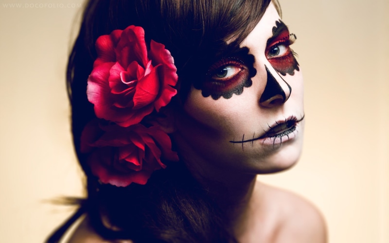 Sugar Skull, make-up, close-up, eyeshadow, 1080P, glamour, brunette, portrait, women, adult, Hannah Ray, young adult, hairstyle, indoors, flower in hair