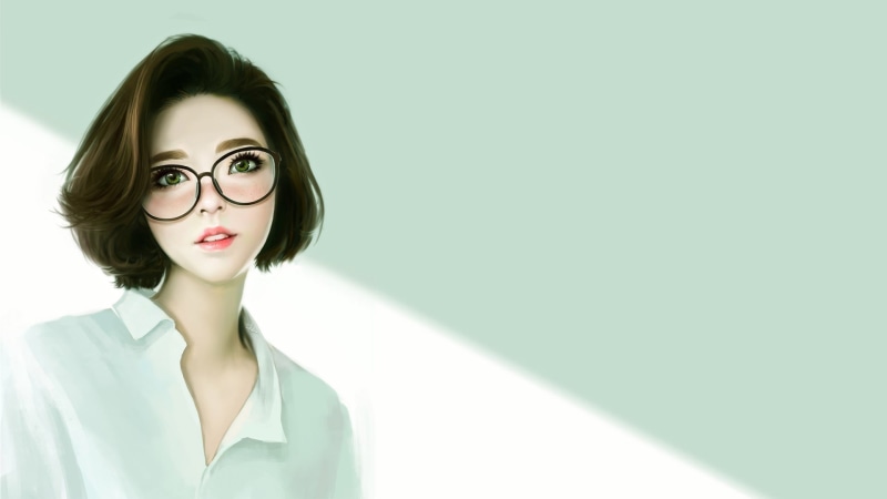 hair, artwork, indoors, young women, beauty, one person, 1080P, human face, copy space, front view, digital art, portrait, looking at viewer, adult, glasses