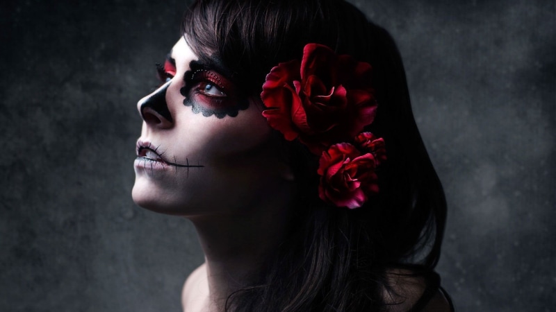 makeup, Dia de los Muertos, women, artwork, Hannah Ray, photography, flowers, Gothic, brunette, skull, fantasy art, 1080P, Sugar Skull