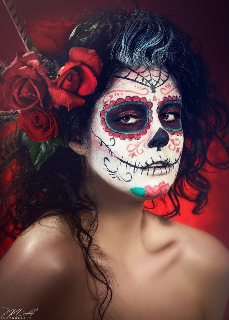 brunette, Sugar Skull, rose, women, flowers, Dia de los Muertos, 720P