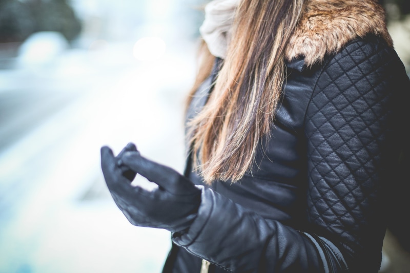 real people, hand, adult, 5K, focus on foreground, jacket, gloves, one woman only, lifestyles, cold - Temperature, leather, warm clothing, Black Leather Jacket
