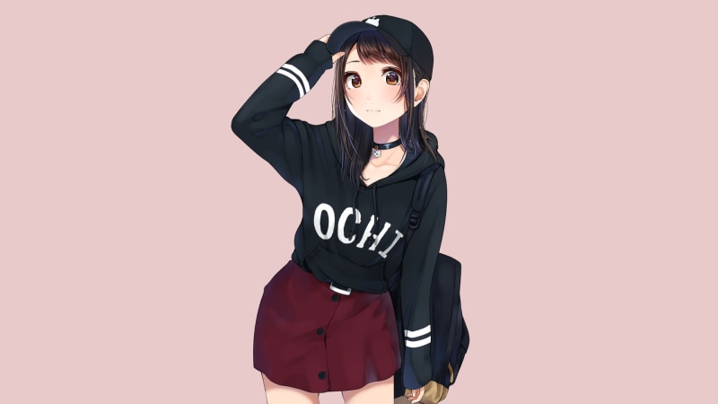 1080P, necklace, illustration, drawing, hoods, anime girls, brown eyes, simple background, sweatshirts, artwork, backpacks, brunette, digital art, baseball caps