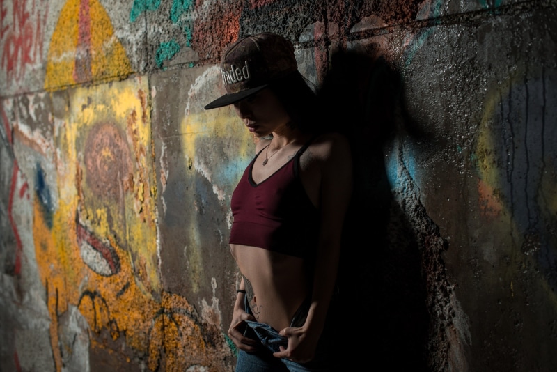 2K, short tops, tattoo, Anton Vladimirovich, dark, brunette, outdoors, women, jeans, portrait, baseball caps, necklace, model, wall, inked girls, graffiti