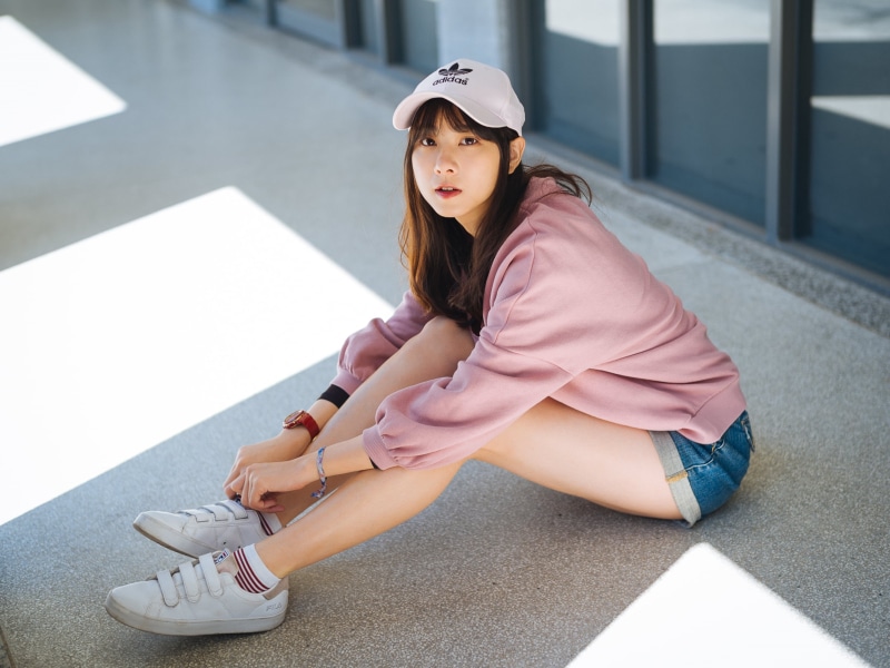 innocence, baseball caps, brunette, Asian, Adidas, lifestyles, girls, full length, hairstyle, model, looking at viewer, 2K, focus on foreground, females