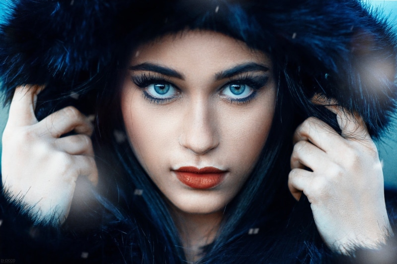 warm clothing, blue eyes, Alessandro Di Cicco, body part, hairstyle, front view, young adult, young women, black hair, beautiful woman, beautiful people