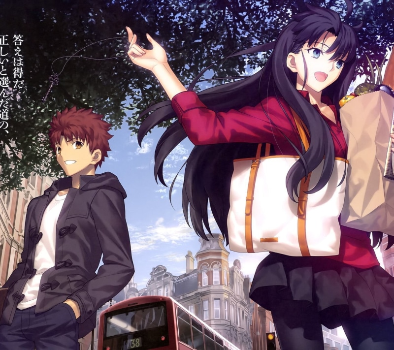 women, two people, sky, tree, black, leisure activity, females, traditional, sunlight, Tohsaka Rin, dress, nature, red, people, 720P, Shirou Emiya, real people