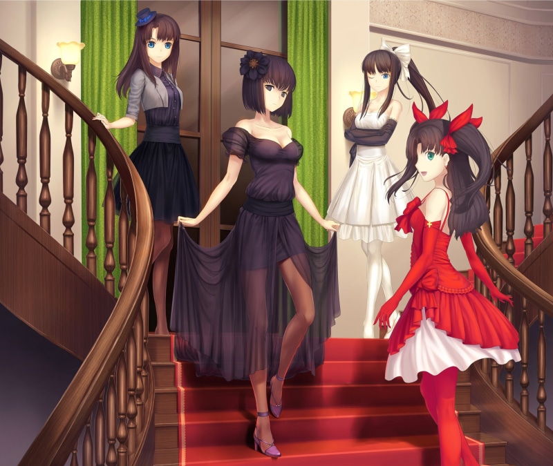 formalwear, clothing, full length, dress, anime girls, four, women, Fate Series, characters, Tohsaka Rin, railing, human representation, standing, young women