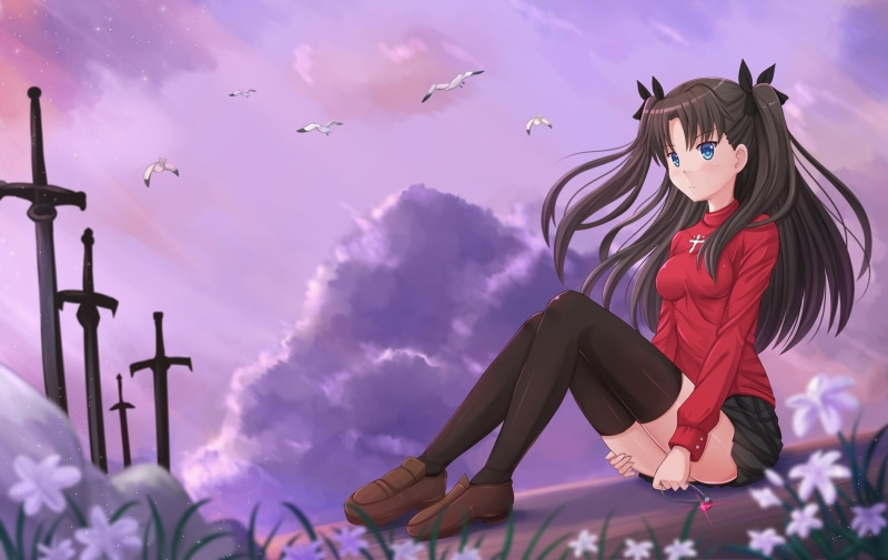 nature, thigh-highs, real people, leisure activity, purple, adult, young adult, full length, anime, one person, front view, hairstyle, clothing, Tohsaka Rin