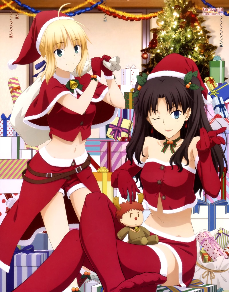 Stay Night, costume, human representation, looking at camera, hairstyle, females, adult, Anime Girls, three quarter length, hair, christmas, celebration